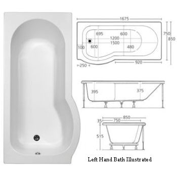 (USE CODE WB352810WT) Fresssh 1675mm P Shaped Left Hand Shower Bath 35 Image 1
