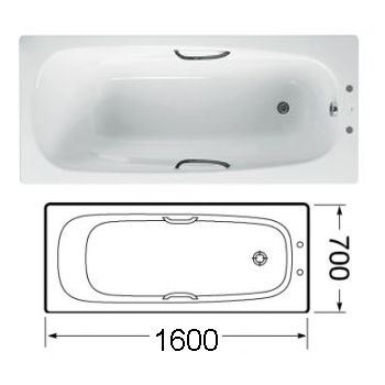 Carla 1600 x 700mm Anti-Slip Twin Grip Steel Bath (Two Taphole) White Image 1