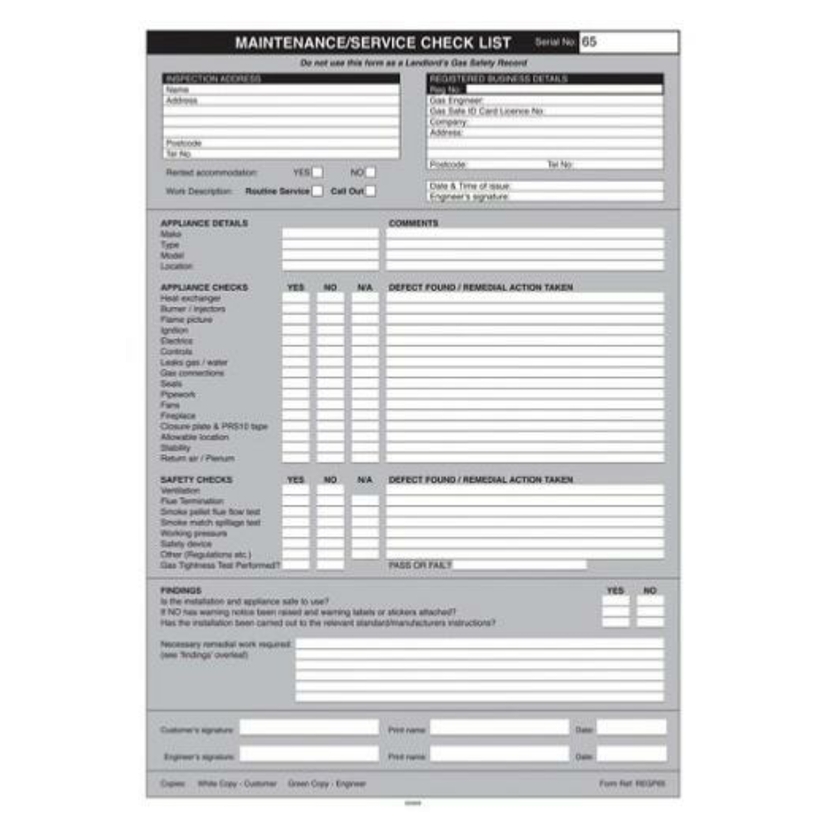 Regin Maintenance/Service Check List Pad (50 pack) REGP65 Image 1